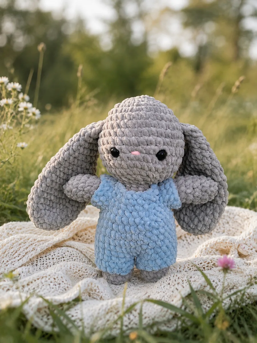 Ghäkleti Häsli-Plushie mit blauer Latzhose, im Gras